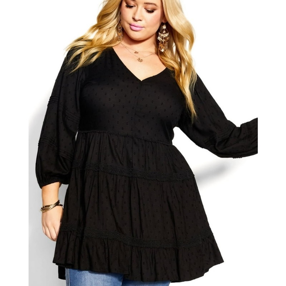 Aveology By Avenue Womens Black Tunic Top Size 16 FlaredSleeve Boho Empire Waist - Picture 1 of 9
